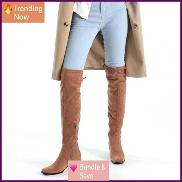 Square Toe Thigh High Boots 2.5 Inch Heel Suede Side Zipper